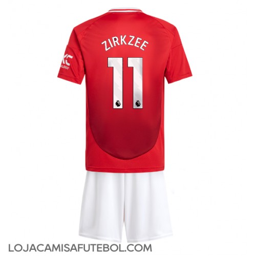 Camisa de Futebol Manchester United Joshua Zirkzee #11 Equipamento Principal Infantil 2024-25 Manga Curta (+ Calças curtas)